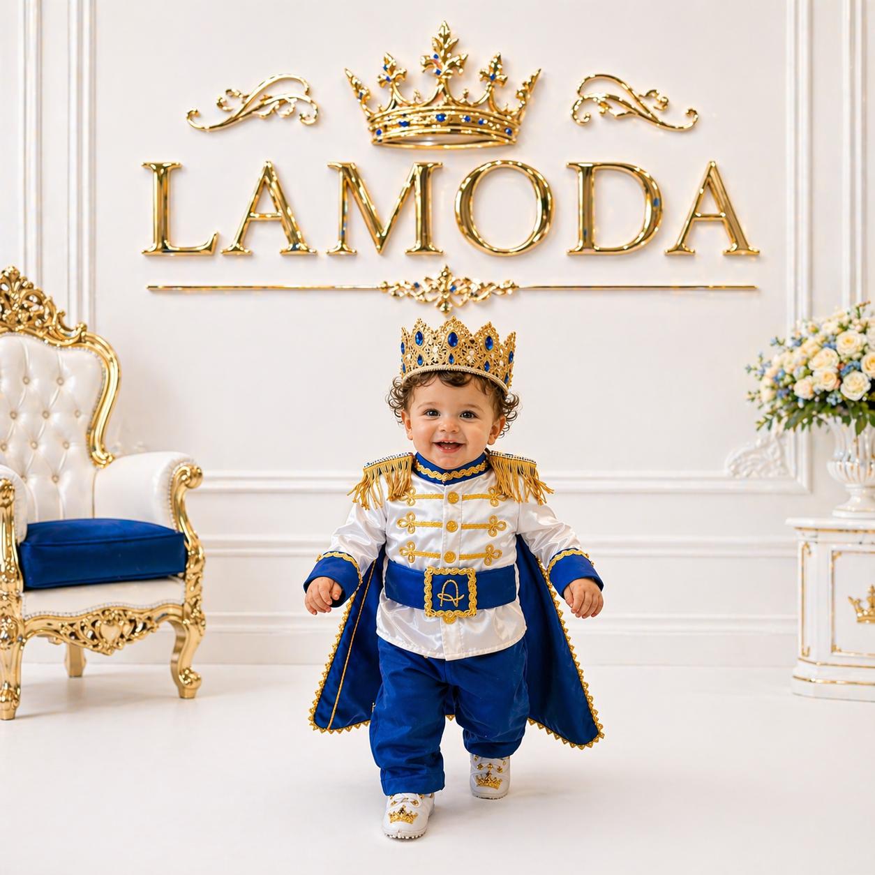 Royal Prince Baby Boy Birthday Outfit, Blue Gold First Birthday Costume, Personalized Crown Cape for birthdays