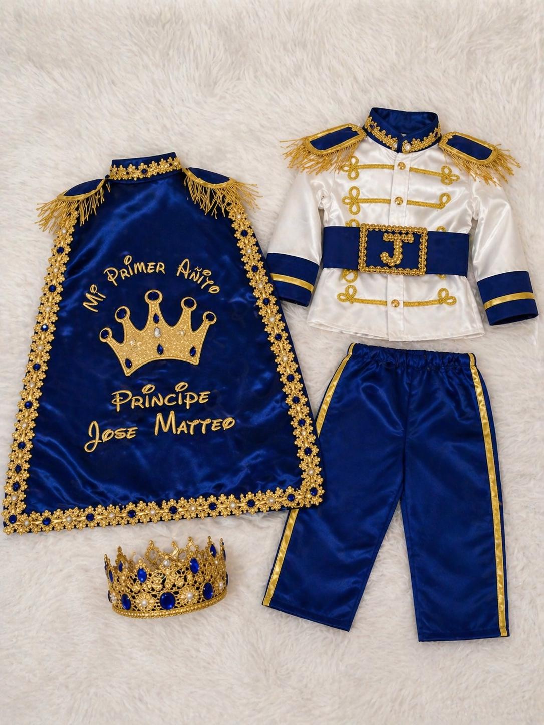 Royal Prince Baby Boy Outfit, Blue Gold First Birthday Costume, Personalized Crown Cape Suit – close-up