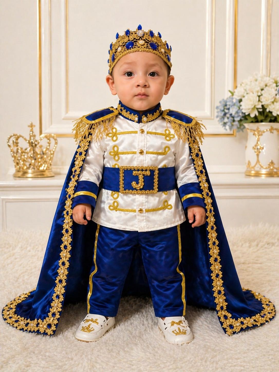 Royal Prince Baby Boy Outfit, Blue Gold First Birthday Costume, Personalized Crown Cape Suit – styled look