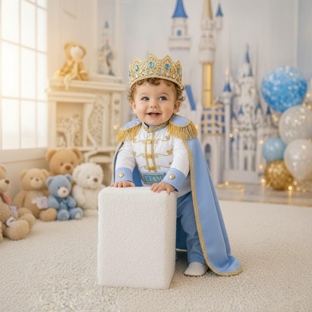 Personalized Sky Blue Gold Baby Prince Costume Royal Birthday Outfit Boy Crown Set – close-up
