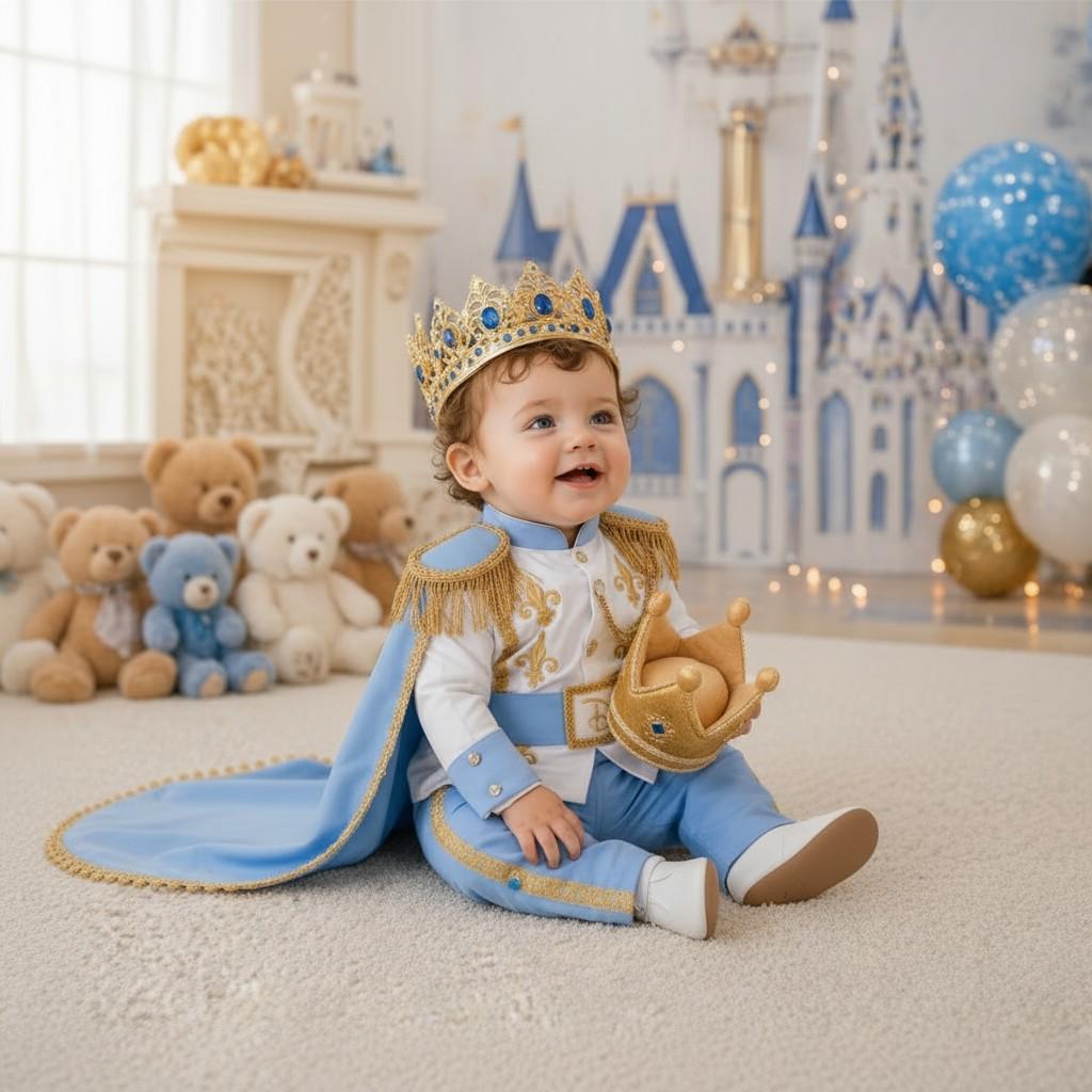 Personalized Baby Prince Costume Sky Blue Birthday Outfit Royal Cape Crown Set First Birthday Photoshoot Toddler Boy Prince