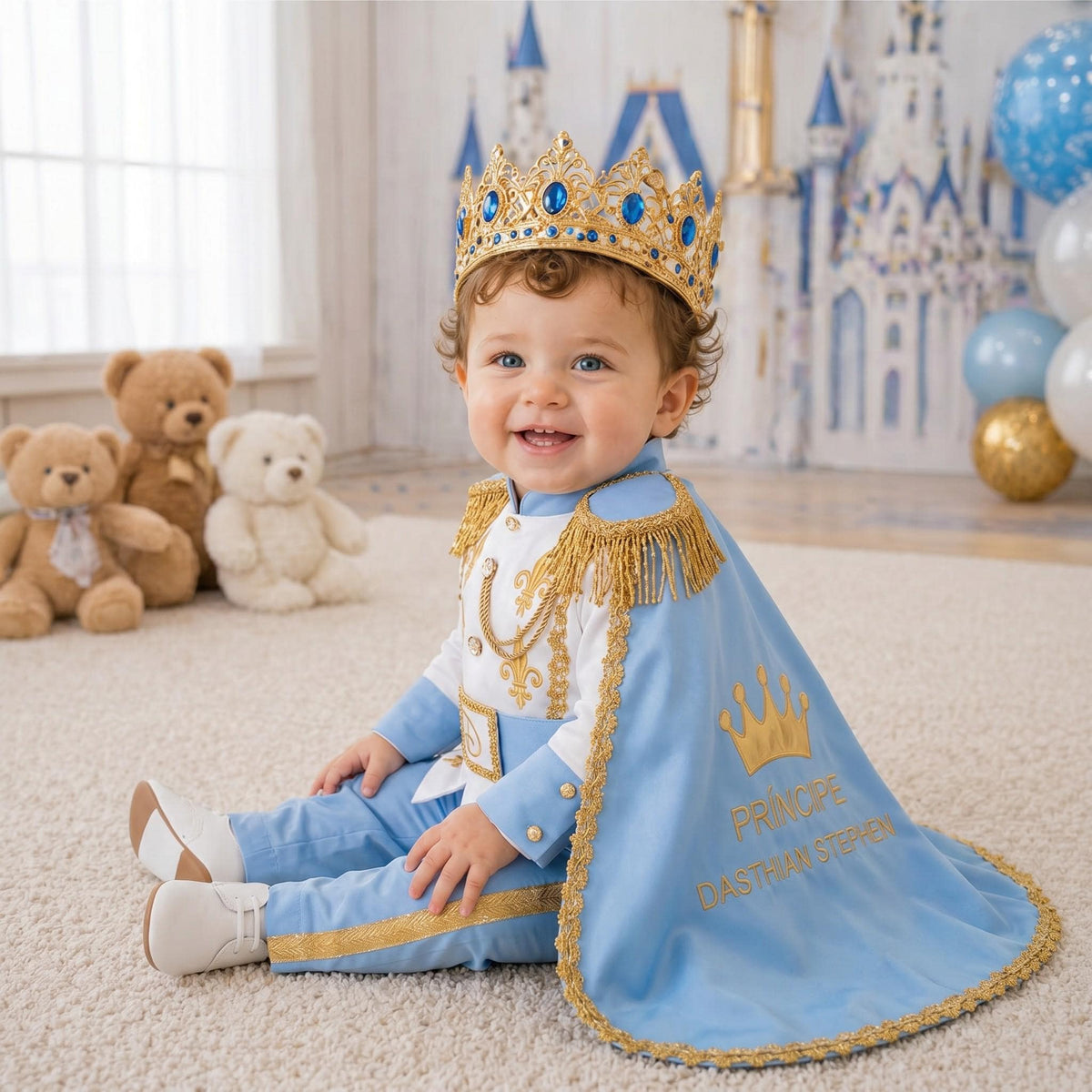Personalized Baby Prince Costume Sky Blue Birthday Outfit Royal Cape Crown Set First Birthday Photoshoot Toddler Boy Prince