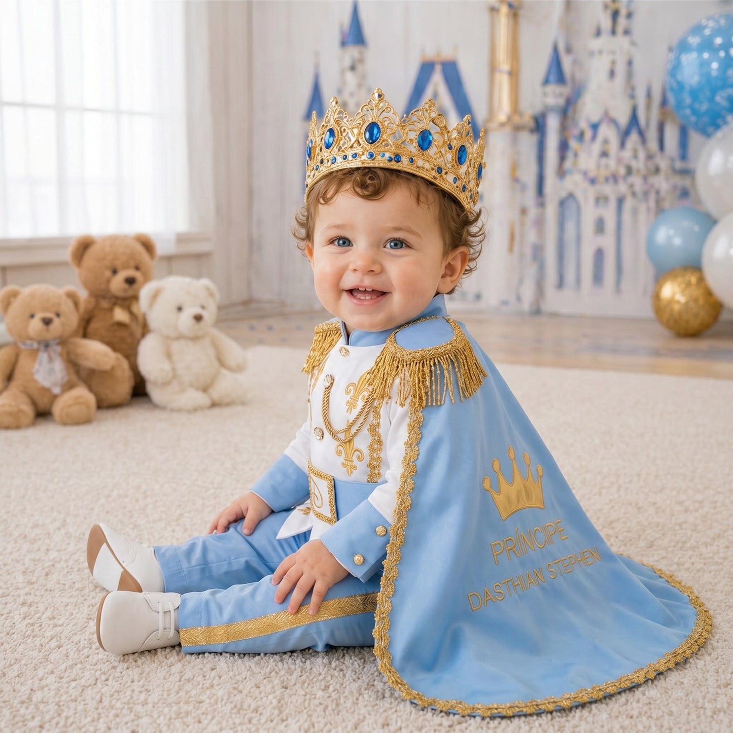 Personalized Baby Prince Costume Sky Blue Birthday Outfit Royal Cape Crown Set First Birthday Photoshoot Toddler Boy Prince Suit