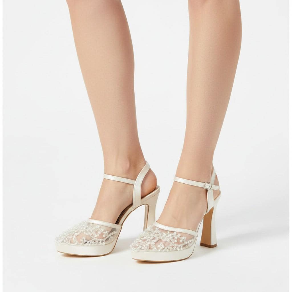 White Lace Bridal Heels, Elegant Platform Wedding Sandals, Chunky Heel Bride Shoes