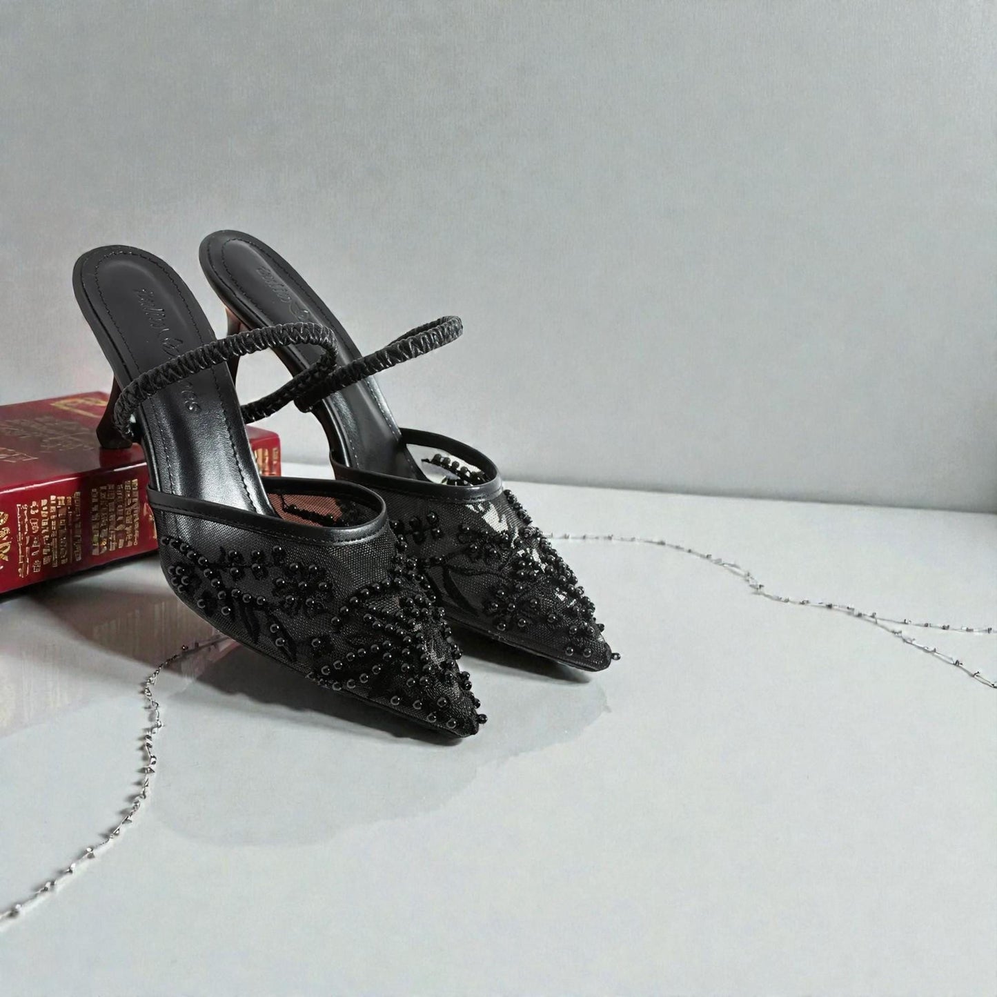 Black Lace Kitten Heels, Elegant Slingback Wedding Shoes, Pointed Toe Evening Bridal