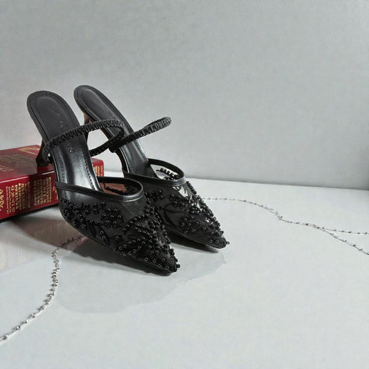 Black Lace Kitten Heels, Elegant Slingback Wedding Shoes, Pointed Toe Evening Bridal