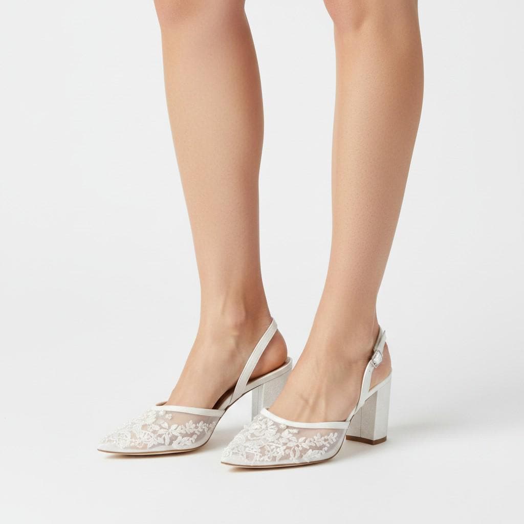 Ivory Lace Slingback Bridal Heels, Elegant Block Heel Wedding Shoes for weddings