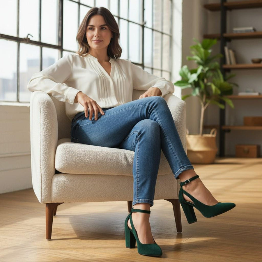 Velvet Emerald Green Chunky Heels, T Strap Block Heel Pumps, Elegant Wedding Party Shoes Women