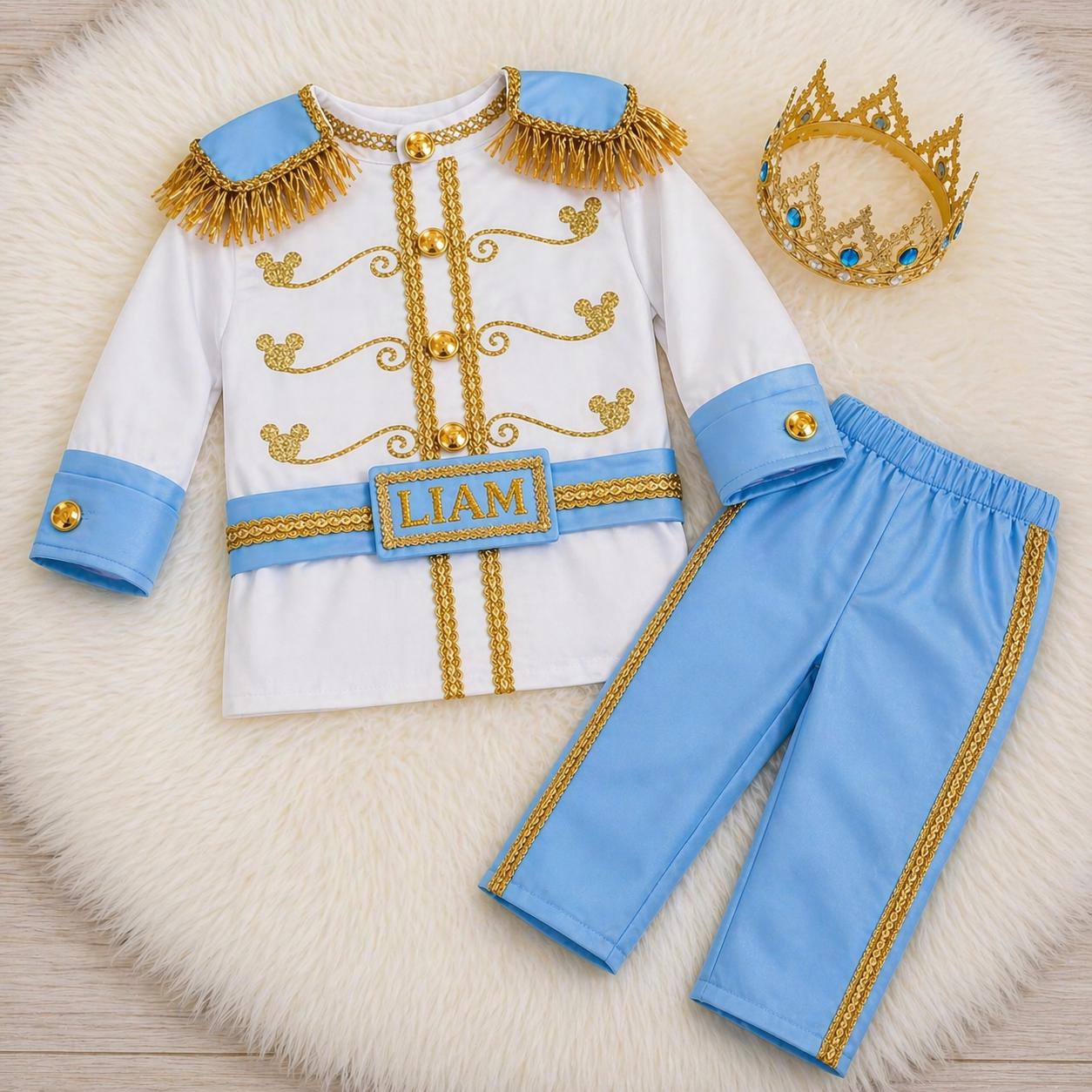 Personalized Sky Blue Gold Baby Prince Costume Royal Birthday Outfit Boy Crown Set – detail shot
