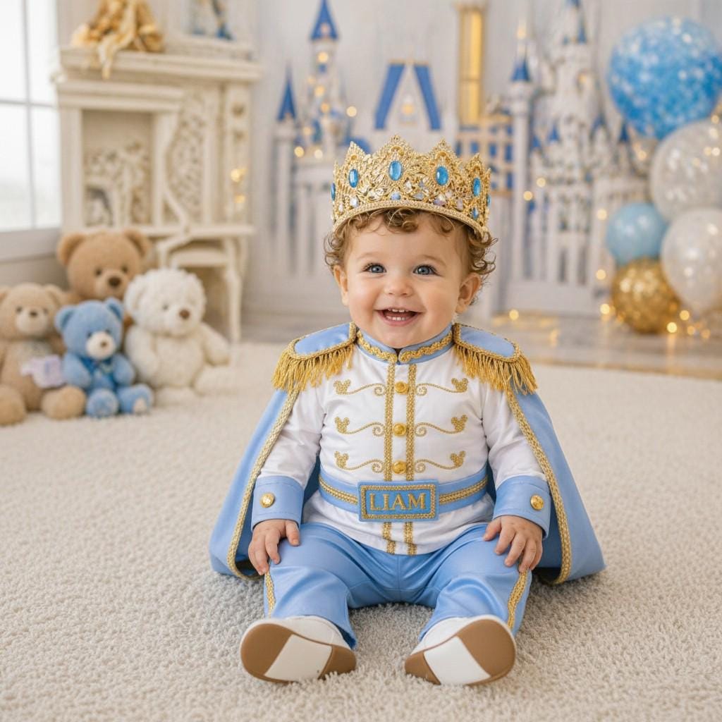 Personalized Sky Blue Gold Baby Prince Costume Royal Birthday Outfit Boy Crown Set – styled look