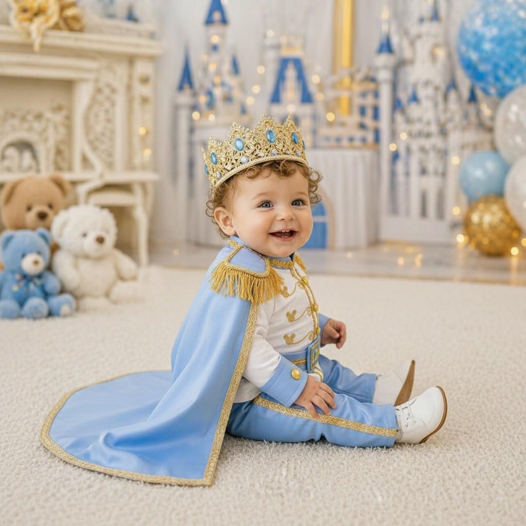 Personalized Sky Blue Gold Baby Prince Costume Royal Birthday Outfit Boy Crown Set – side view
