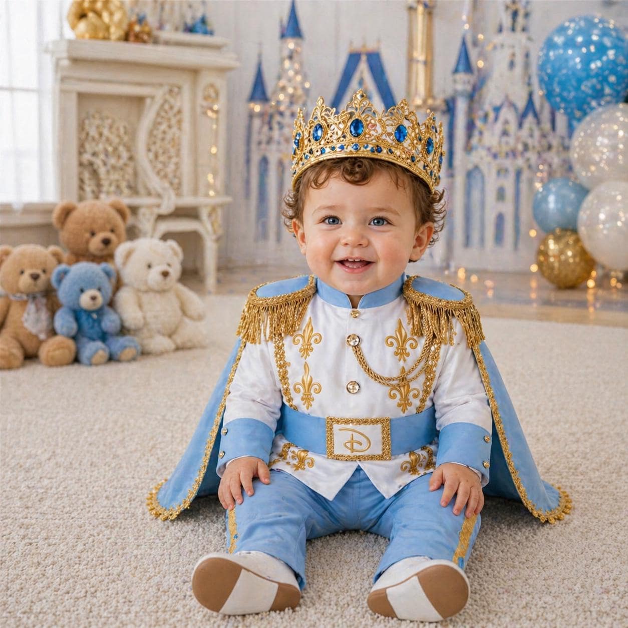 Personalized Baby Prince Costume Sky Blue Birthday Outfit Royal Cape Crown Set First Birthday Photoshoot Toddler Boy Prince