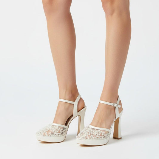White Lace Bridal Heels, Elegant Platform Wedding Sandals, Chunky Heel Bride Shoes