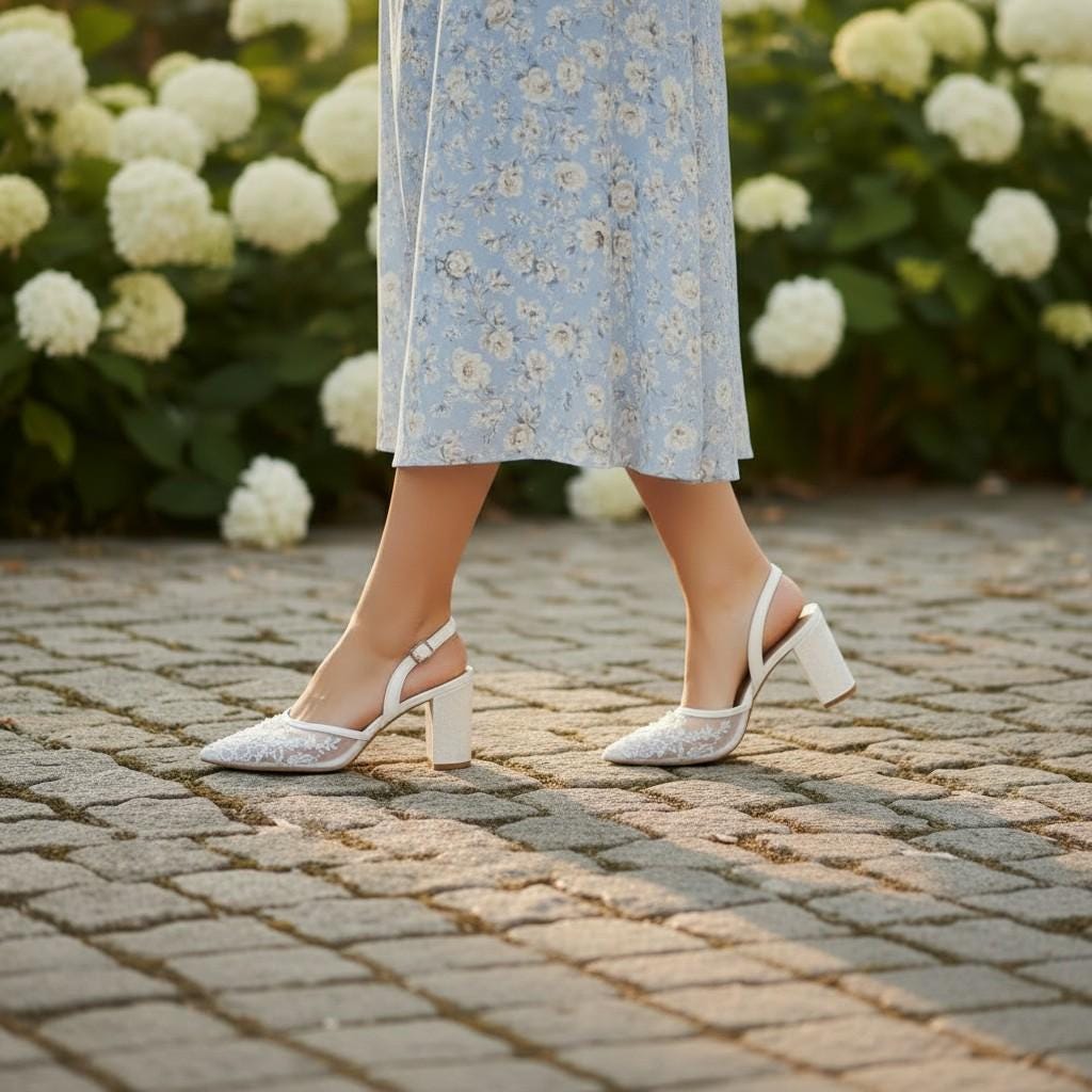 Ivory Lace Slingback Bridal Heels, Elegant Block Heel Wedding Shoes – close-up