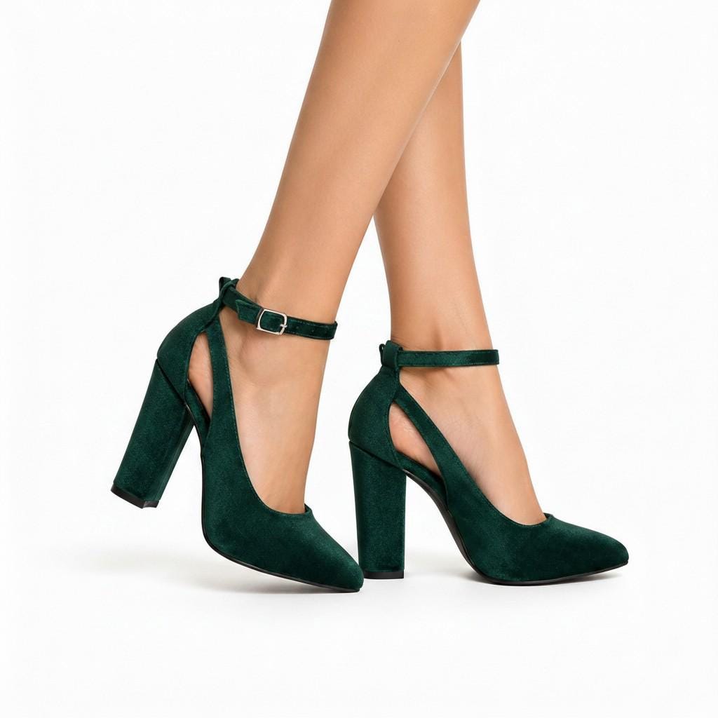 Velvet Emerald Green Chunky Heels, T Strap Block Heel Pumps, Elegant Wedding Party Shoes Women – styled look