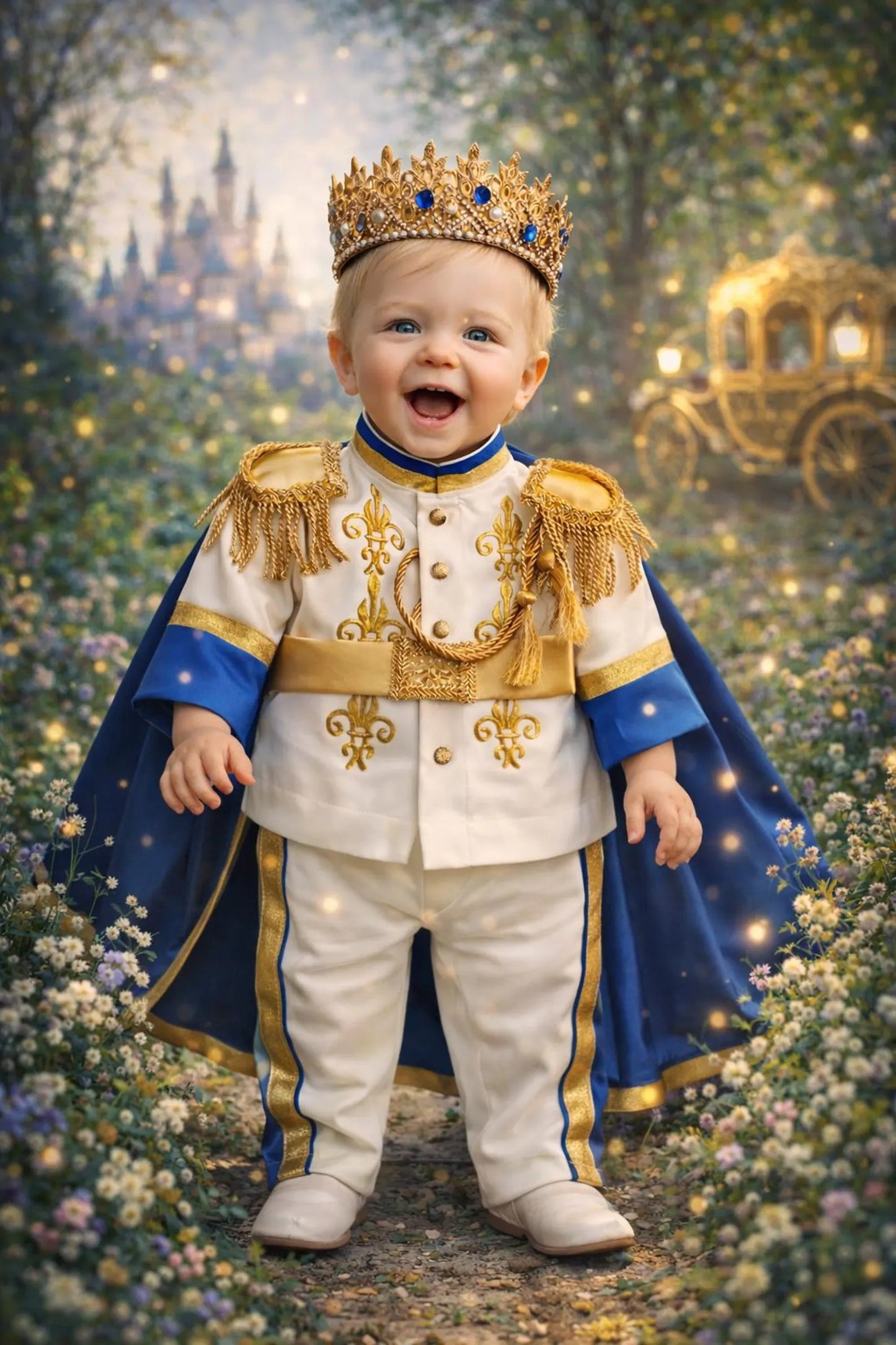 baby boy wearing nan prince outfit with cape and crown birthday photoshoot
