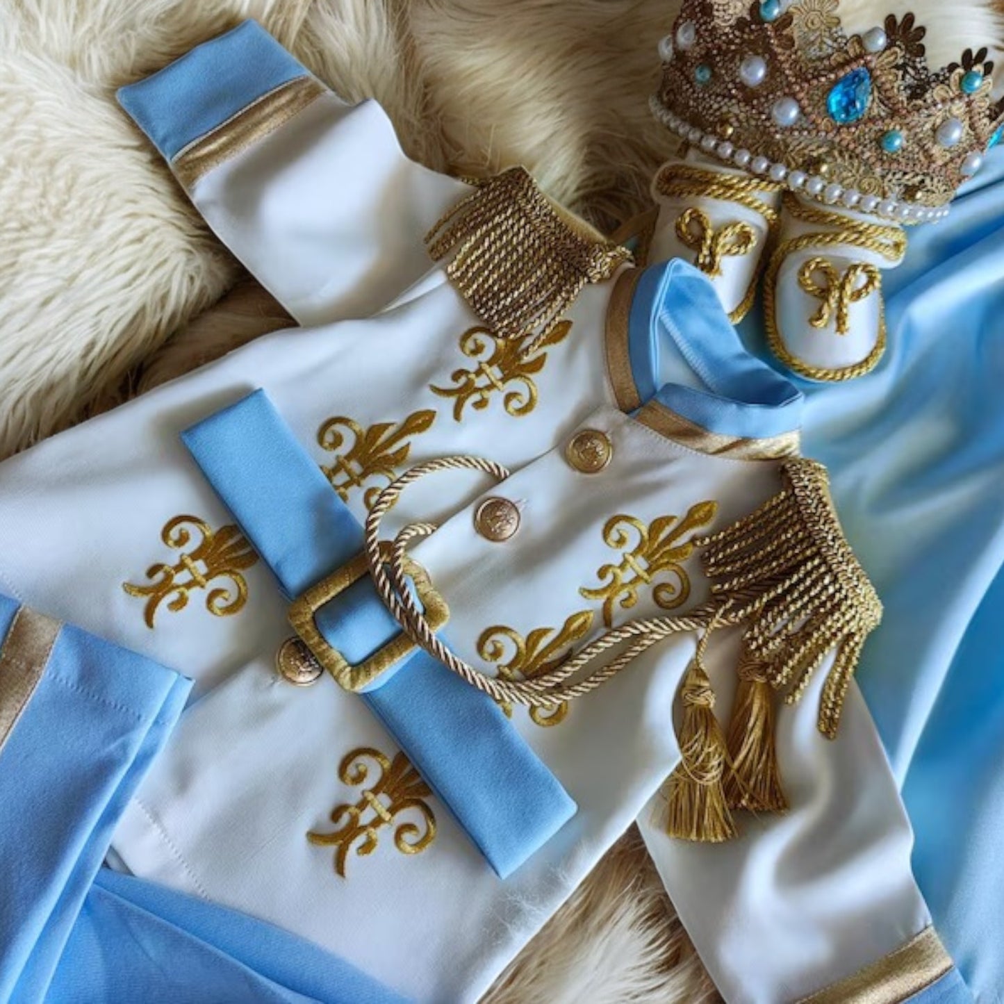 baby boy wearing nan prince outfit with cape and crown birthday photoshoot