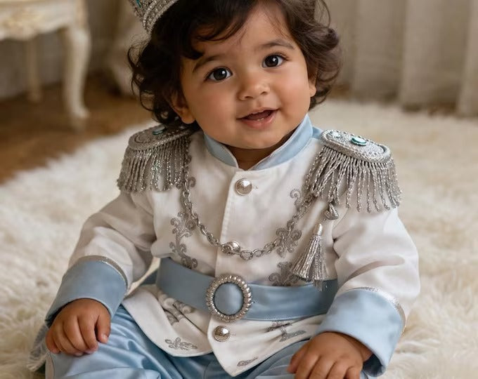 Silver Prince Baby Costume, Royal Outfit with Crown, Cape & Shoes