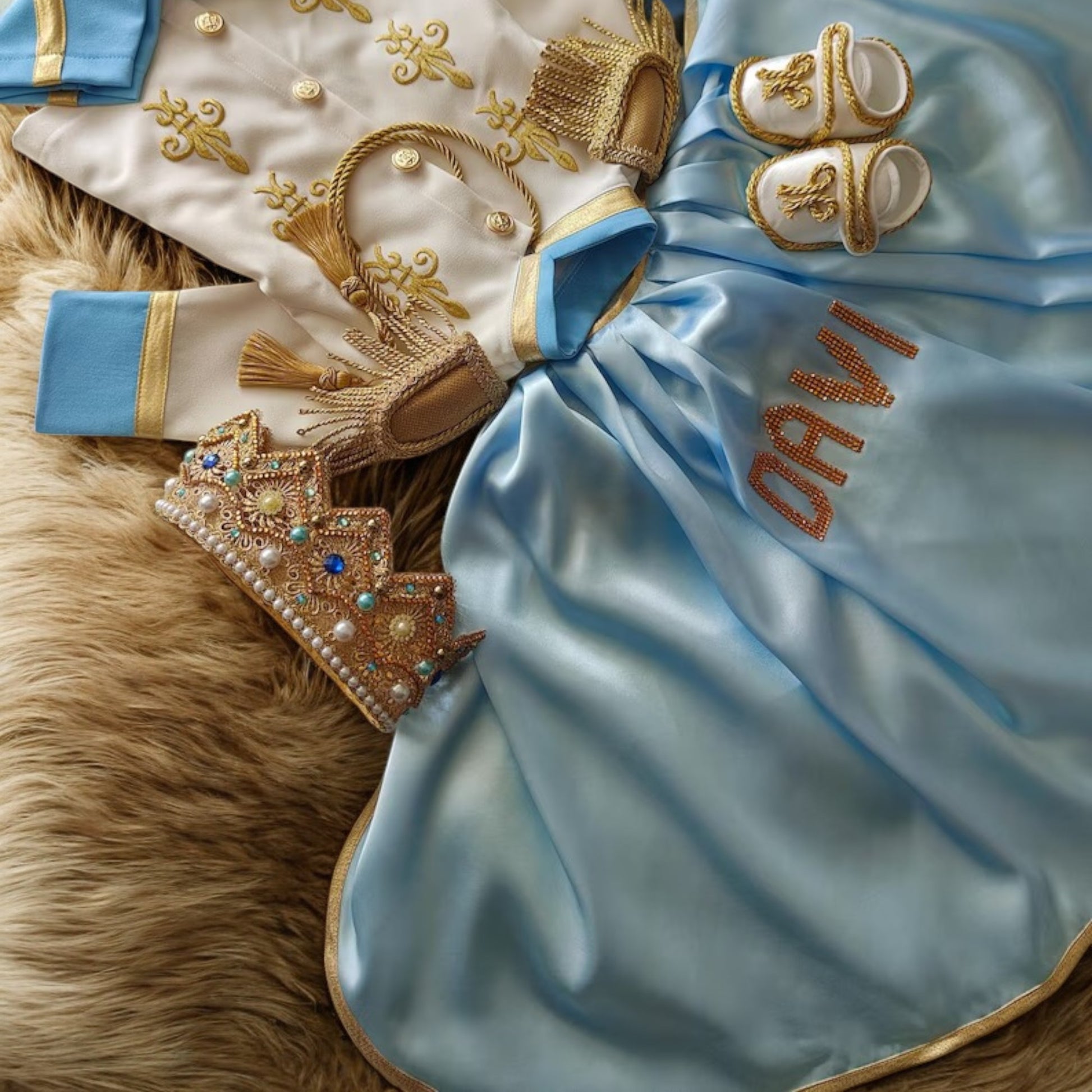 baby boy wearing nan prince outfit with cape and crown birthday photoshoot