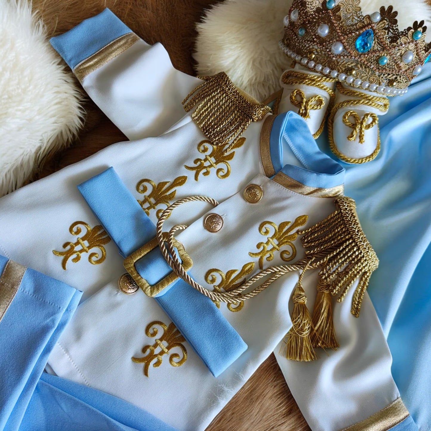 baby boy wearing nan prince outfit with cape and crown birthday photoshoot