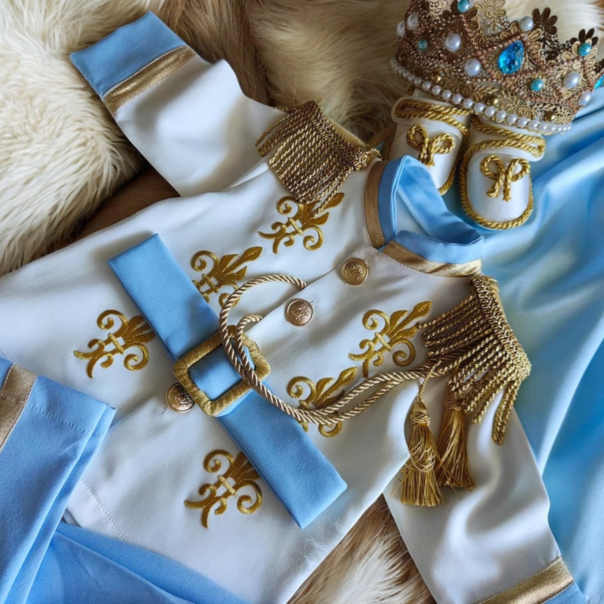 baby boy wearing nan prince outfit with cape and crown birthday photoshoot