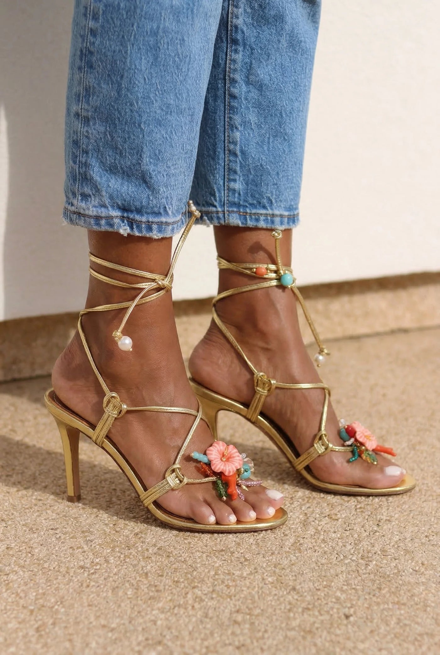 Golden Heels – Floral Wrap Statement Sandals