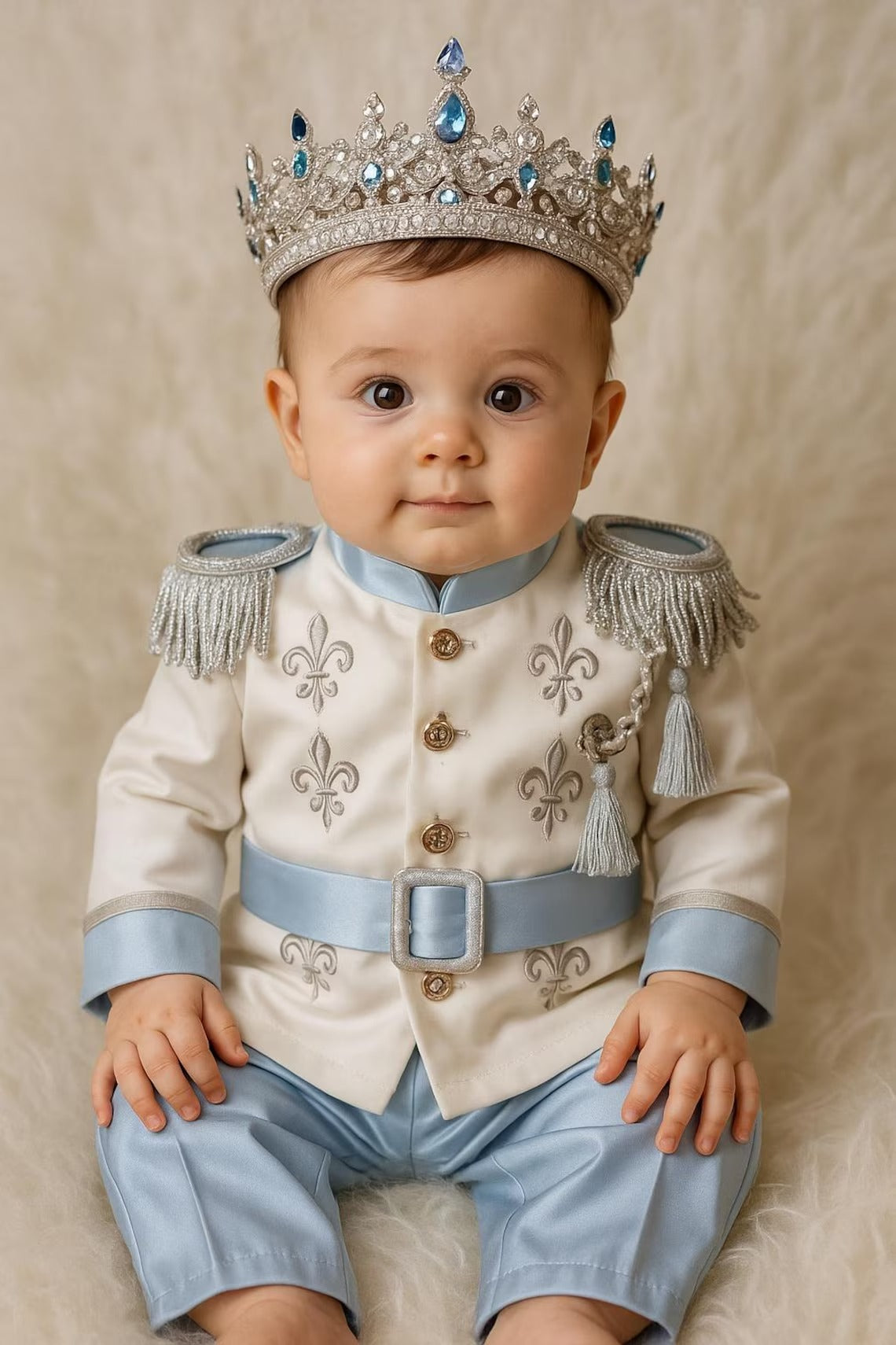 Silver Prince Baby Costume, Royal Outfit with Crown, Cape & Shoes