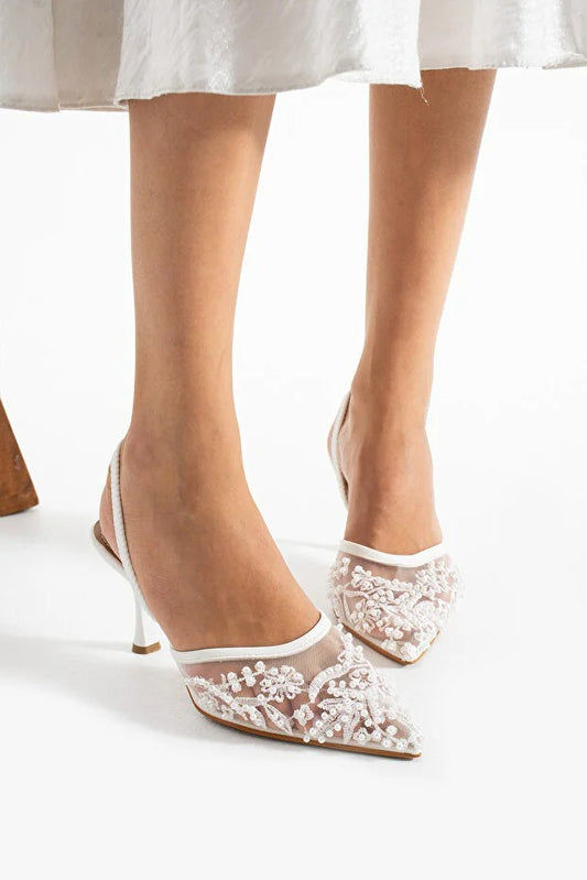 Bridal Pearl Mesh Slingback Heels – Lace Wedding Shoes – Pointed Toe Elegant Bridal Pumps