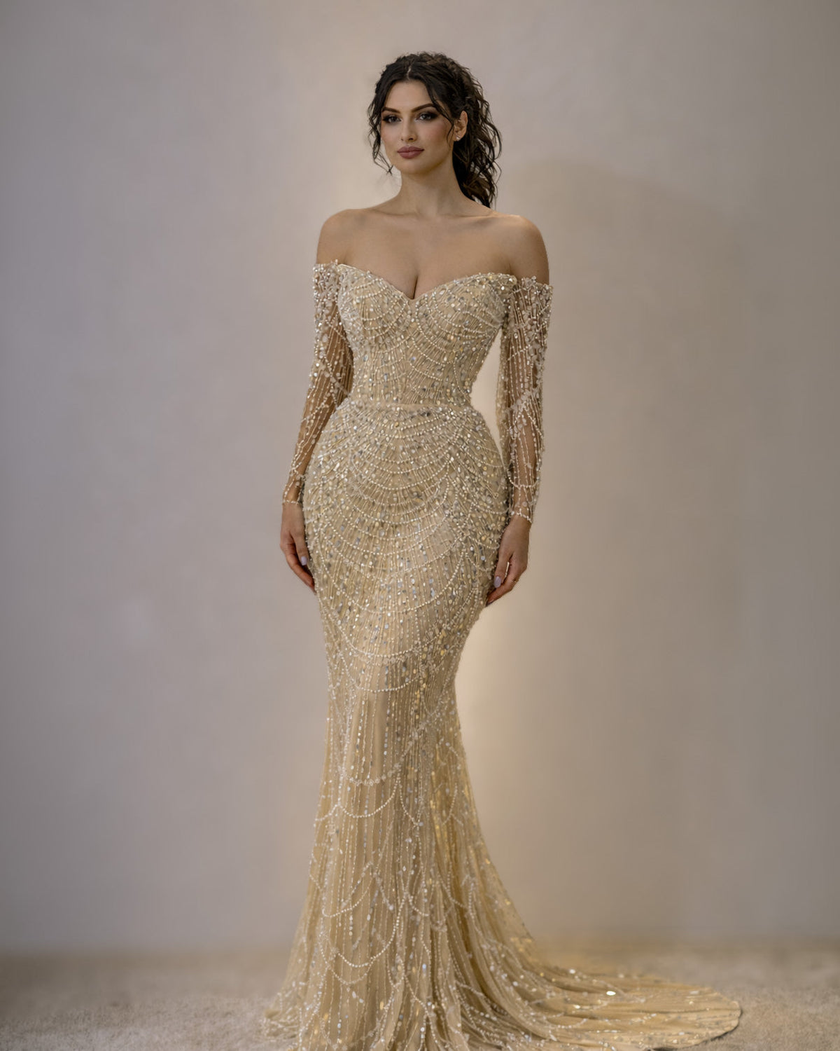 Gold Off-Shoulder Crystal Beaded Corset Gown with Long Sleeves - SimmiUnique