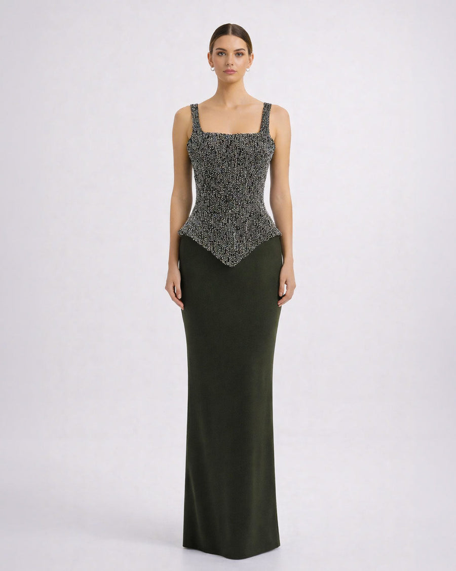 Black Beaded Corset Column Gown