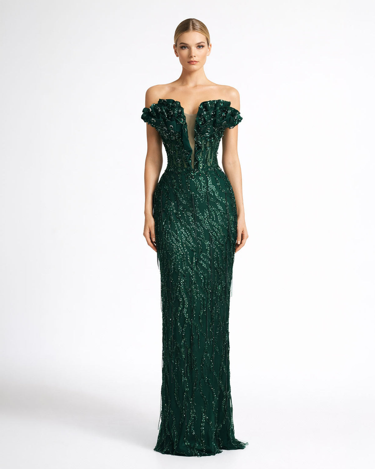 Emerald Embellished Off-Shoulder Evening Gown - SimmiUnique