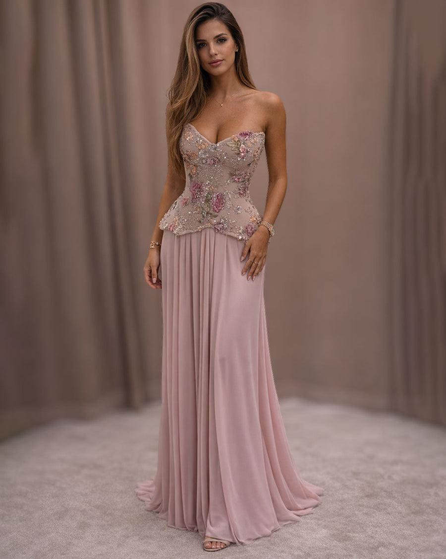 Blush Pink Floral Embellished Corset Gown