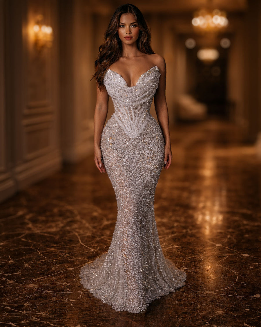 Champagne Crystal Corset Mermaid Evening Gown