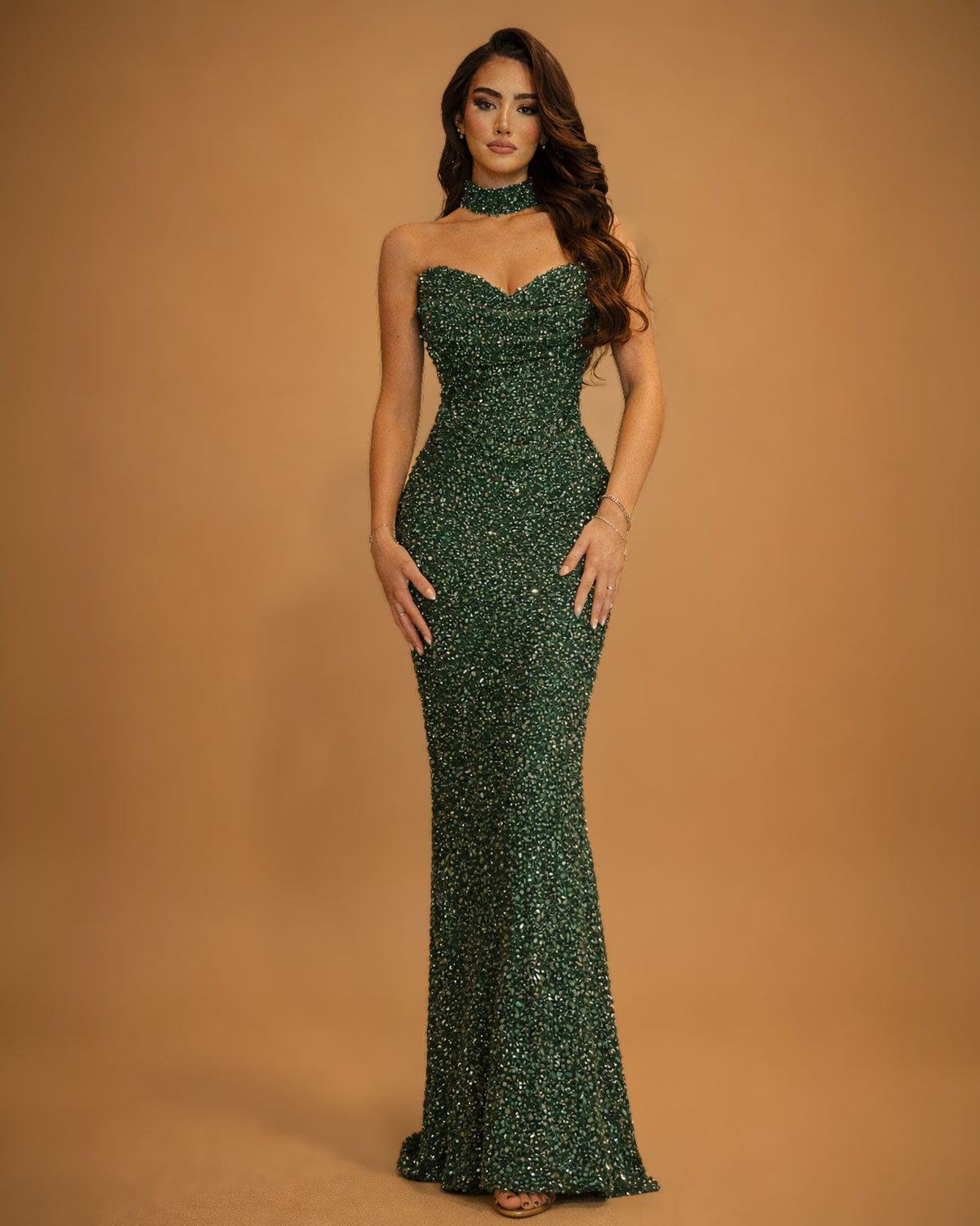 Emerald Crystal Strapless Evening Gown with Choker - SimmiUnique
