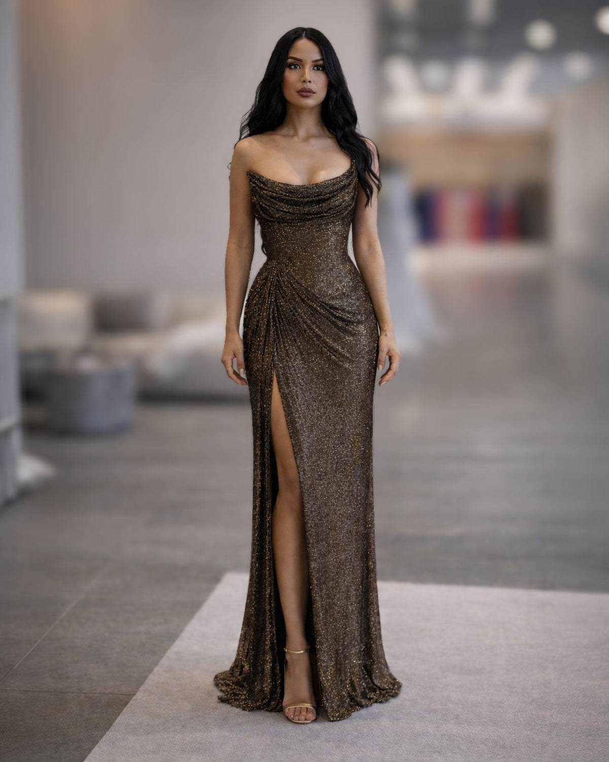 Bronze Glitter Draped Corset Evening Gown with High Slit - SimmiUnique