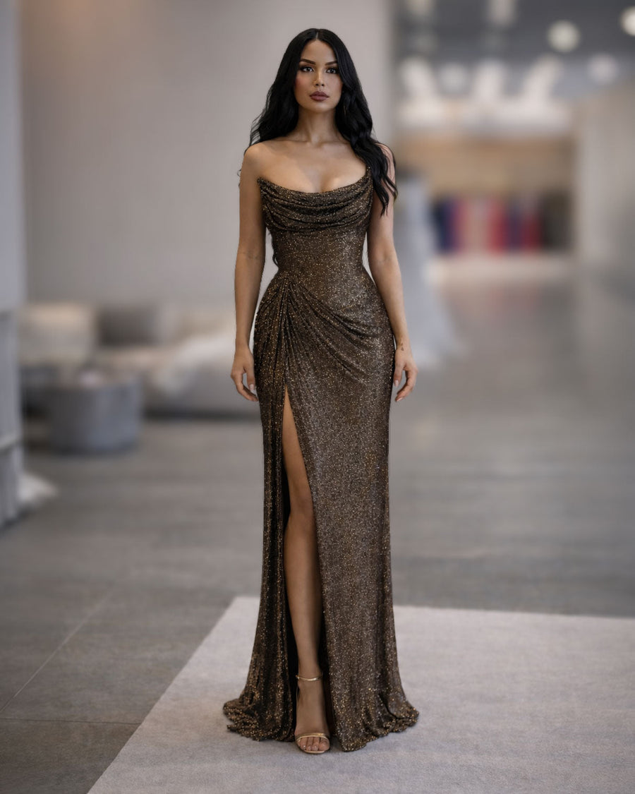 Bronze Glitter Draped Corset Evening Gown with High Slit