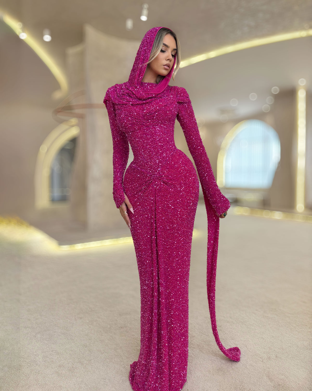 Hot Pink Crystal Hooded Evening Gown with Draped Detail - SimmiUnique