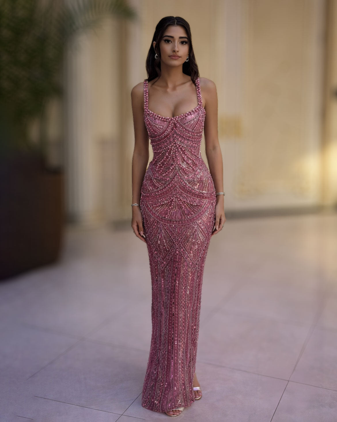 Rose Pink Pearl Embellished Evening Gown - SimmiUnique