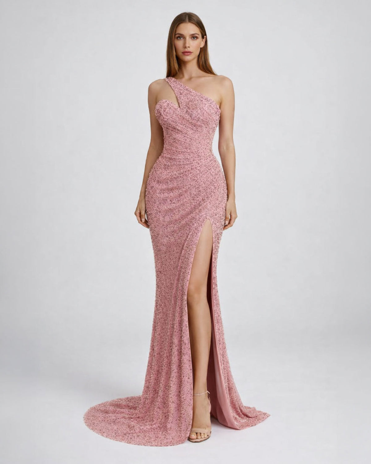 Blush One-Shoulder Crystal Slit Gown - SimmiUnique