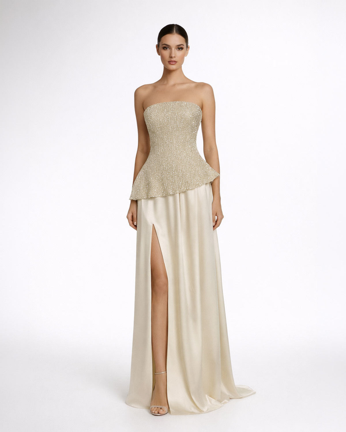 Champagne Beaded Strapless Evening Gown with Slit - SimmiUnique