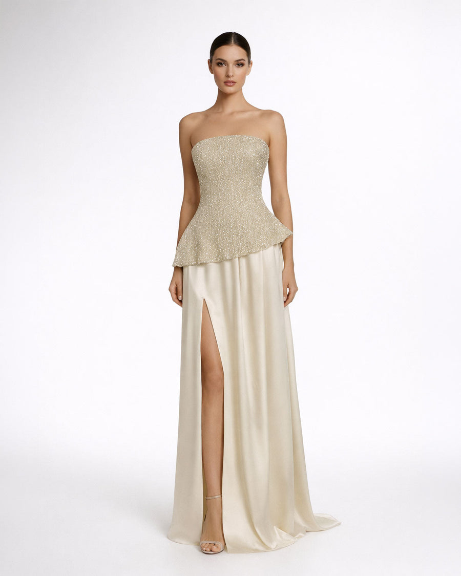 Champagne Beaded Strapless Evening Gown with Slit