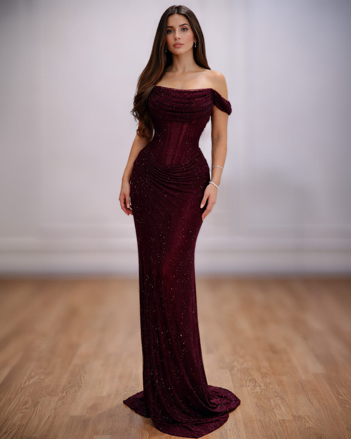 Burgundy Off Shoulder Corset Evening Gown with Draped Bodice - SimmiUnique