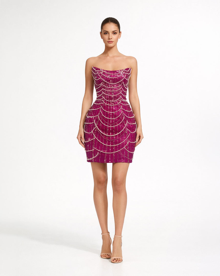 Fuchsia Pearl Embellished Mini Dress