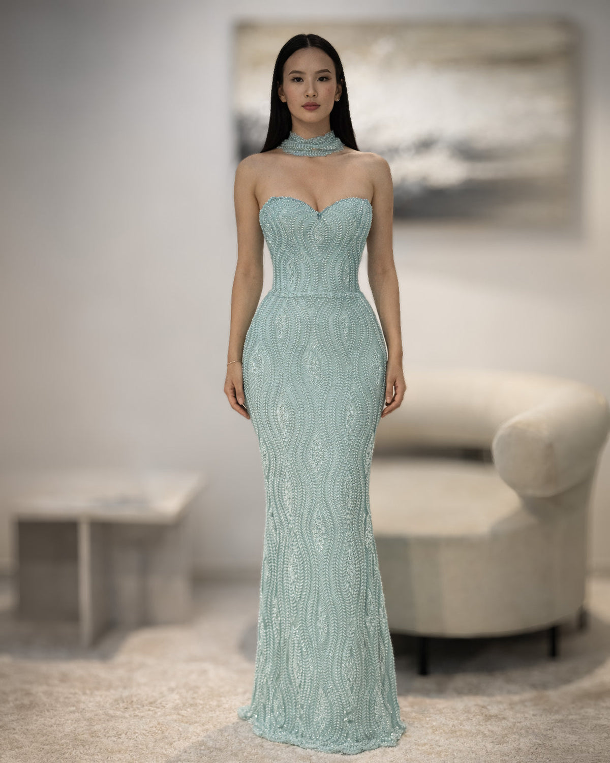 Mint Beaded Strapless Column Gown with Choker Neck Detail - SimmiUnique