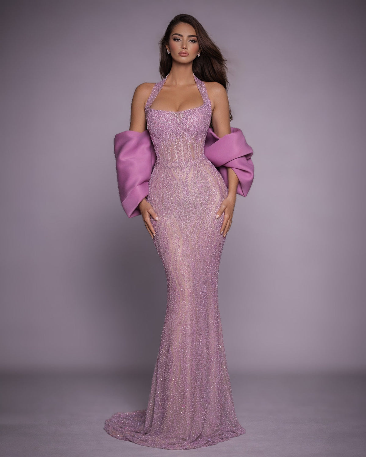 Lilac Crystal Halter Gown with Sculptural Sleeves - SimmiUnique