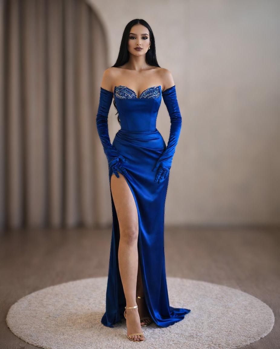 Royal Blue Crystal Corset Gown with Off-Shoulder Gloves - SimmiUnique
