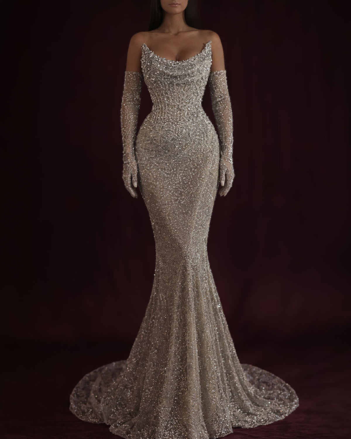 Champagne Crystal Embellished Corset Mermaid Gown with Gloves - SimmiUnique