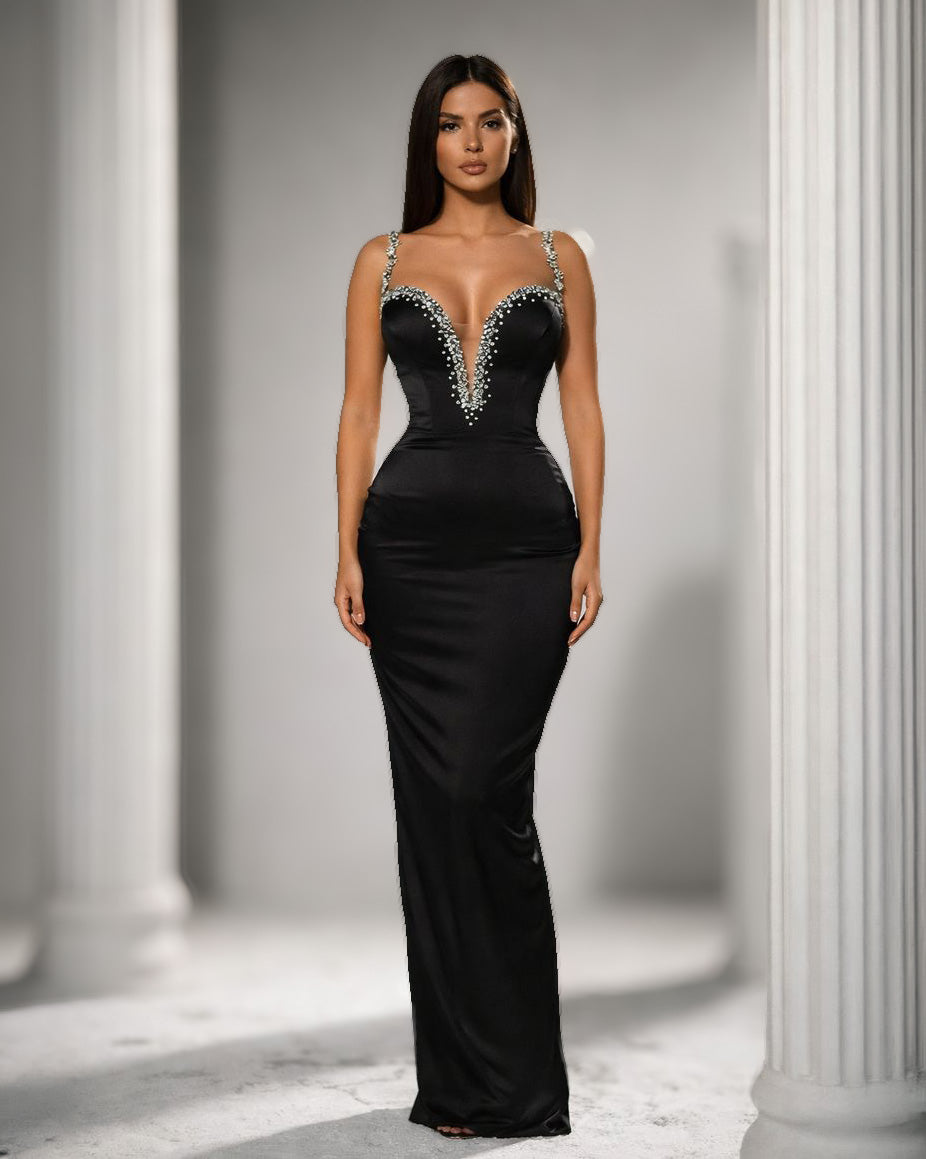 Black Crystal Strap Plunge Gown with Sculpted Silhouette - SimmiUnique
