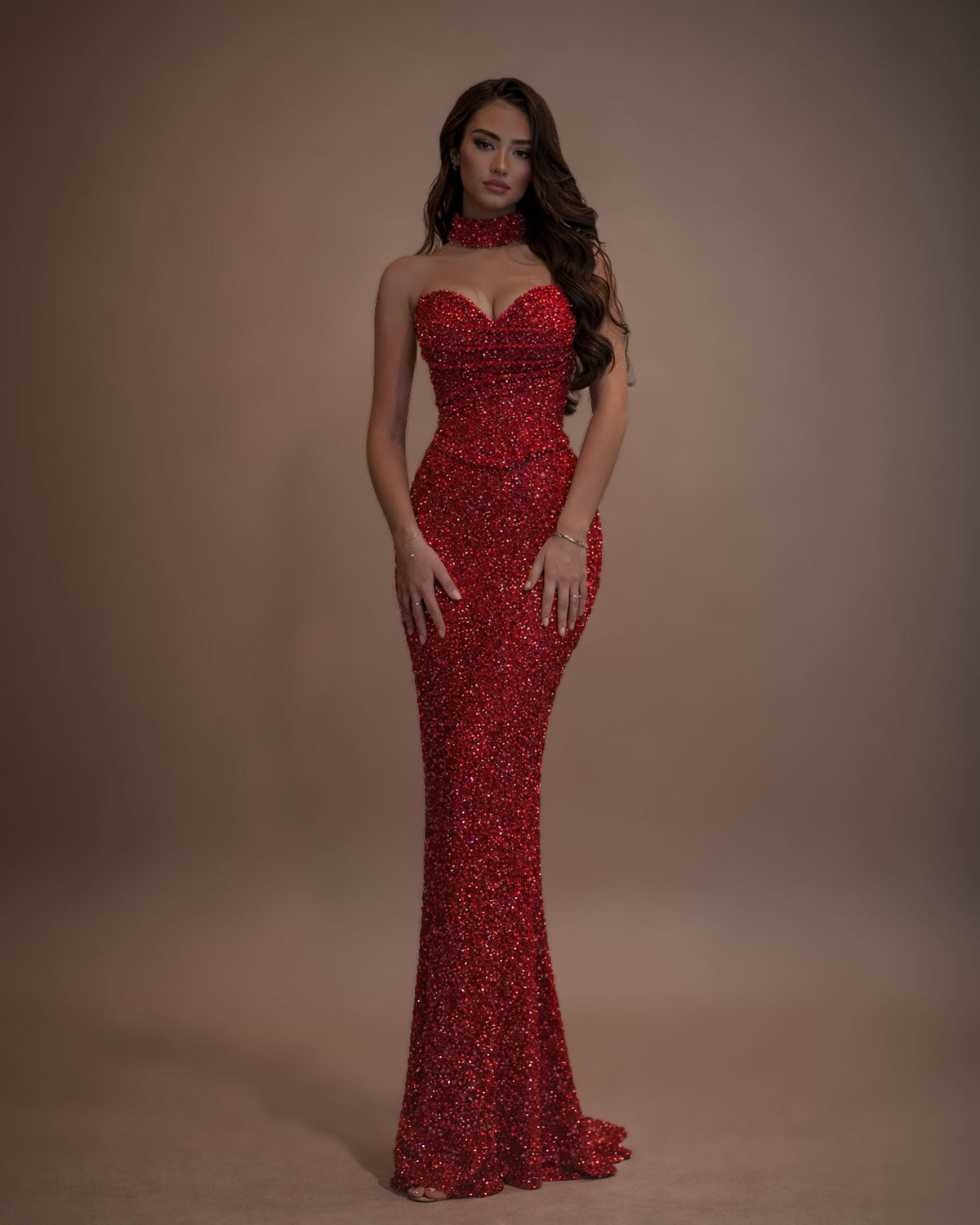 Red Crystal Strapless Evening Gown with Choker Neck - SimmiUnique