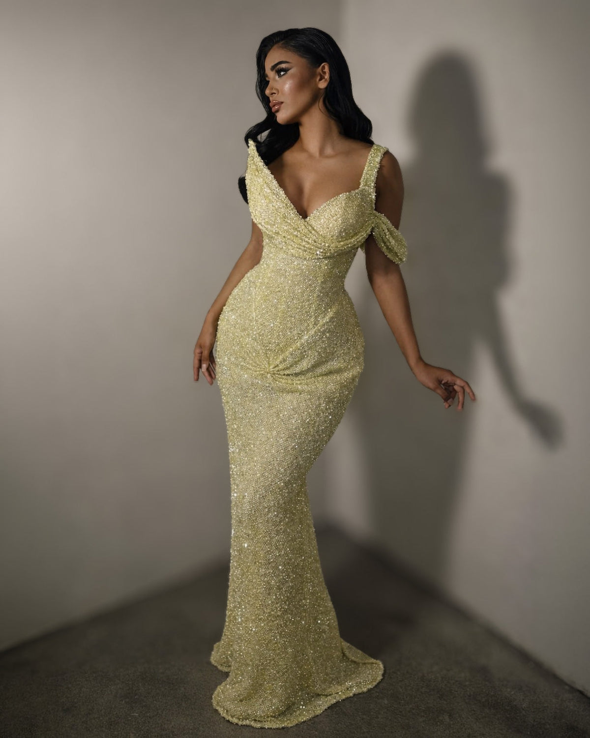 Lemon Gold Beaded Off Shoulder Mermaid Evening Gown - SimmiUnique